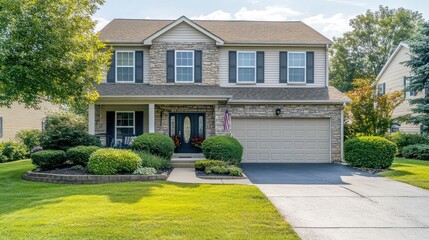 A suburban home featuring a landscaped yard and a welcoming entrance.