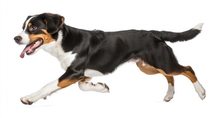 A playful dog running energetically against a white background.