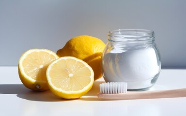 dental natural cleaning remedy with toothbrush, lemon and baking soda powder