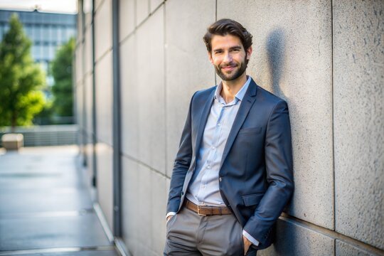Confident Caucasian businessman leaning against wall urban setting and business casual