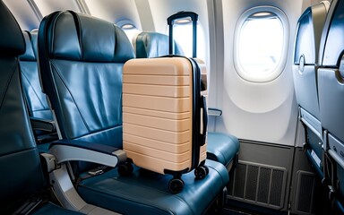 Suitcase on airplane seat with window view. Travel luggage