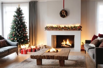 A cozy living room featuring a beautifully decorated Christmas tree next to a warm fireplace surrounded by elegant furniture and festive decorations
