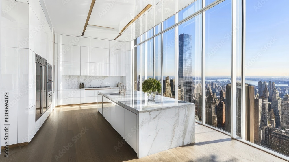 Poster Modern kitchen with large windows showcasing a city skyline.