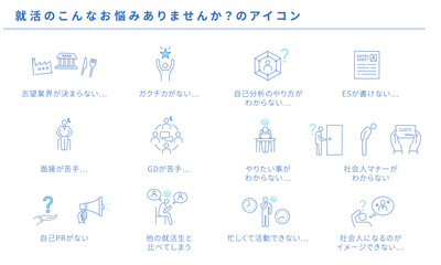 就活のこんな悩みありませんか？のシンプルアイコンセット、ベクター