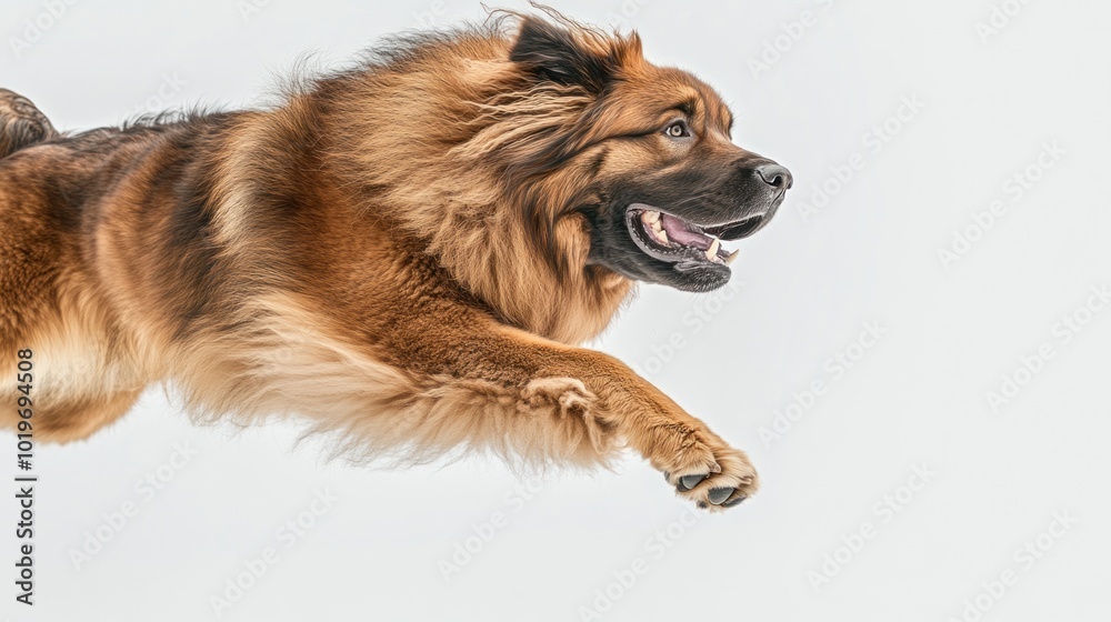 Poster A dog in mid-air, showcasing its agility and playful nature against a light background.