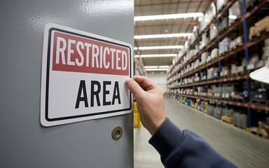Restricted area sign in warehouse with supervisor hand. Safety and security