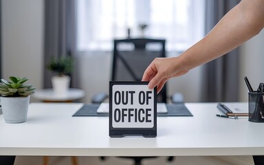 Hand place out of office sign on desk. Absence notification concept