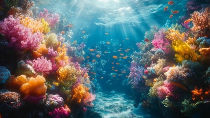Fototapeta premium Vibrant Coral Reef with Sunbeams and Fish