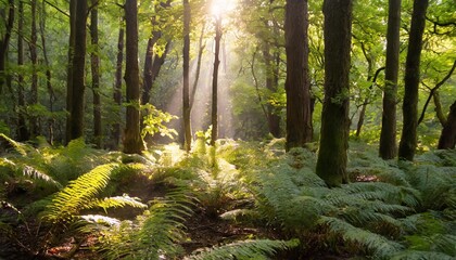 Golden Sunshine Filtering Through Dense Forest Trees, Illuminating the Fern-Covered Forest Floor, With Birds Chirping and Leaves Rustling in the Gentle Breeze