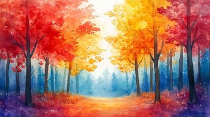 Vibrant Autumn Forest Watercolor Painting
