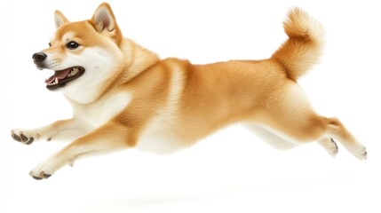 A playful dog leaps joyfully in mid-air, showcasing its agility and enthusiasm.