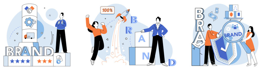 Brand building vector illustration. Brand-name, label, signifies quality and reputation inherent in brand building Branding marketing, catalyst, propels brand building forward through strategic