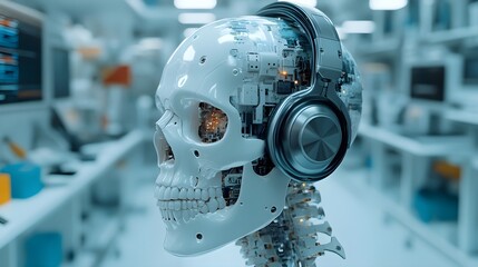 Fototapeta premium Robotic skull with metallic headphones, gears and circuits exposed, in a high-tech laboratory filled with futuristic machines and digital data