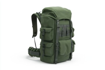 A green backpack designed for outdoor activities, featuring multiple pockets for storage and a rugged, durable design.
