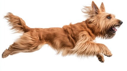 A dog joyfully leaping in mid-air with its fur flowing.