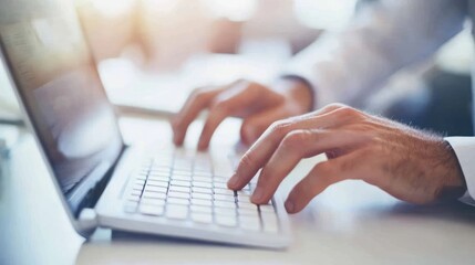 A close-up of hands typing on a laptop keyboard in a bright workspace.