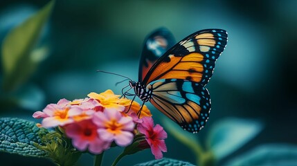 Fototapeta premium Vibrant Butterfly Perched on Delicate Pink and Yellow Flowers