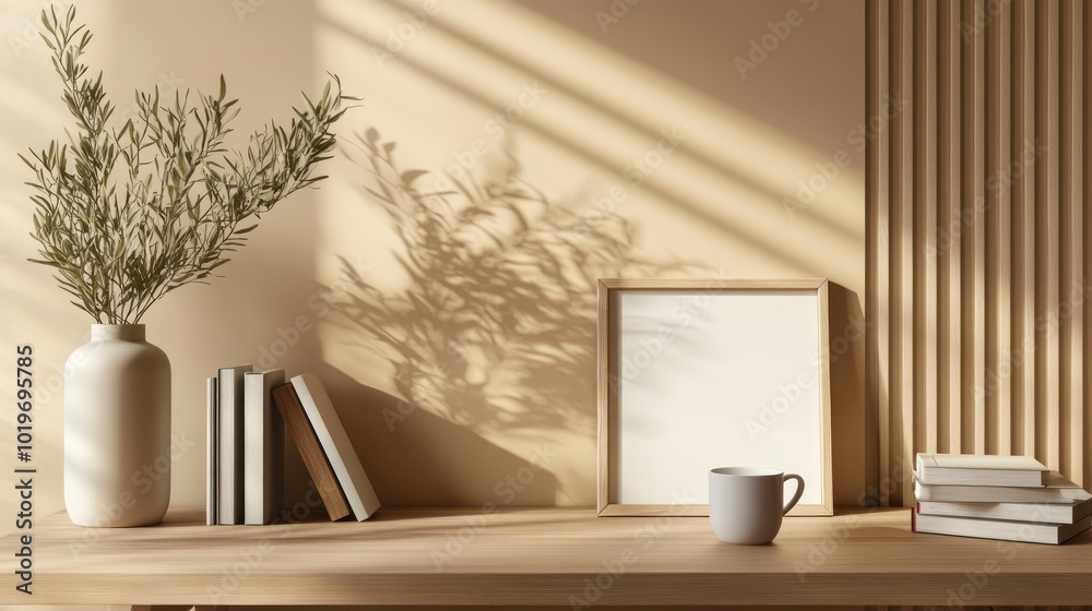 Canvas Prints A serene workspace with books, a cup, and a vase, highlighting minimalism and tranquility.