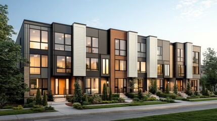 Fototapeta premium Modern townhouses with landscaped surroundings and contemporary architecture at sunset.