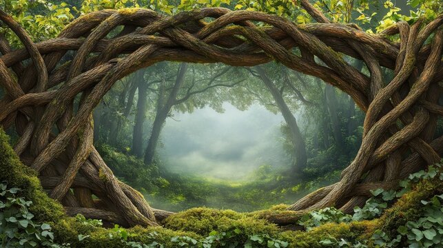 Intertwined Tree Branches Framing a Misty Forest Path