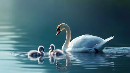 Fototapeta premium a swan swimming with two cygnets in tranquil blue water