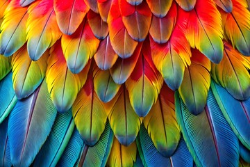 Obraz premium Vibrant colorful feather of tropical parrot bird closeup pattern