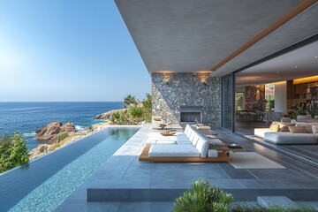 Fototapeta premium spacious terrace with panoramic window offering breathtaking views of the sea and beach designed for luxury travel ads featuring an empty room with modern gray concrete decor