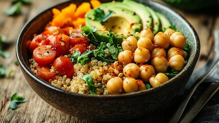 Bowl of quinoa with roasted vegetables, avocado, and chickpeas, colorful and wholesome, clean foods, plantbased nutrition