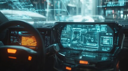 Futuristic car interior with advanced digital dashboard and holographic displays.