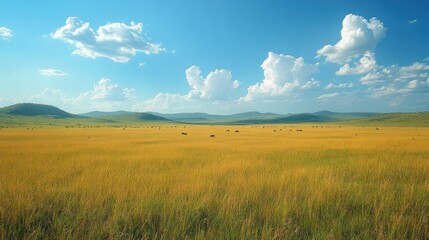 Fototapeta premium Vast golden grassland under a bright blue sky with fluffy clouds.