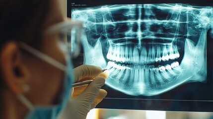 A dental professional examines a patient's tooth with an X-ray image 