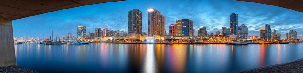 Obraz premium Cityscape at Dusk: Panoramic view of a modern city skyline reflected in calm waters, seen through a bridge archway at twilight. The vibrant city lights create a captivating scene. 