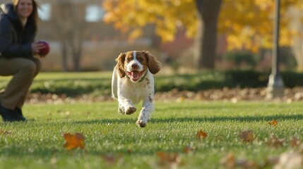 A dog joyfully runs on grass while a person prepares to throw a ball in a park setting.