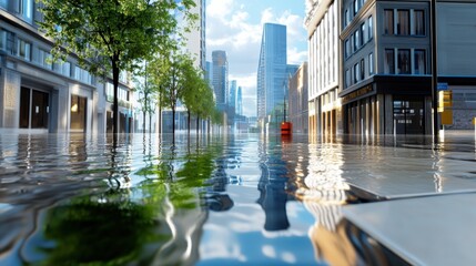 Fototapeta premium Flooded City Skyline Reflecting in Puddles on Urban Street
