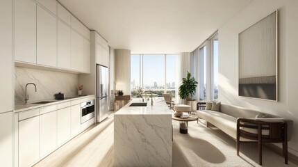 Fototapeta premium Modern kitchen and living area with large windows and stylish furnishings.