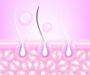 Hyaluronic acid and Niacinamide gray hair and skin solutions ad, pink collagen serum drops into skin cell with cosmetic advertising background ready to use, illustration vector.	