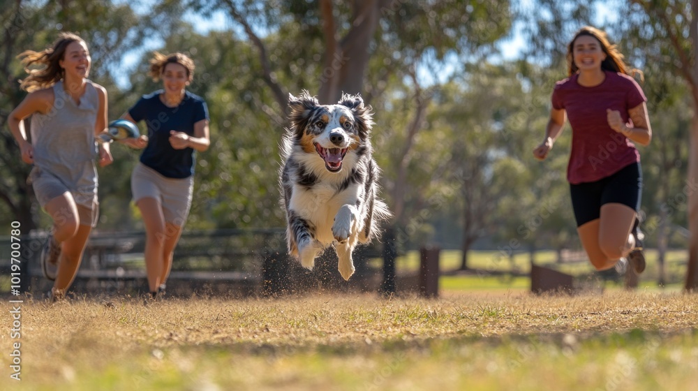 Poster A dog joyfully runs alongside three women in a park, showcasing fun and companionship.