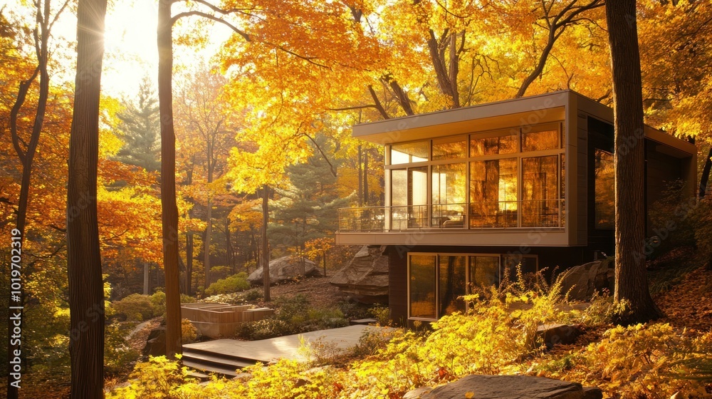 Wall mural A modern glass house surrounded by vibrant autumn foliage.