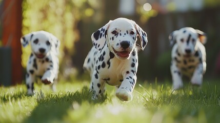 Three playful Dalmatian puppies running joyfully on green grass.
