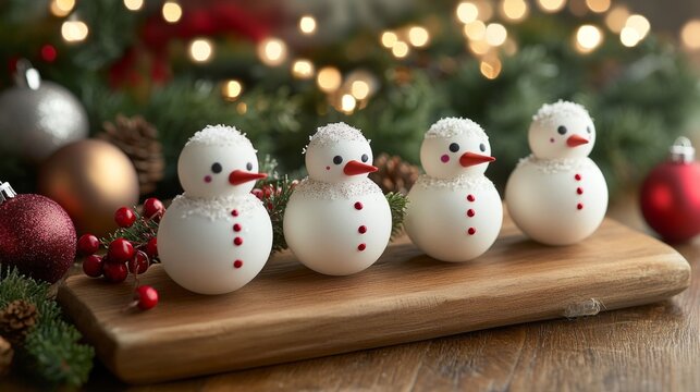 Festive Egg Snowmen on Wooden Board with Christmas Decorations and Lights