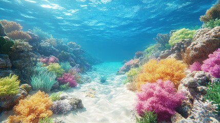 Fototapeta premium Vibrant underwater scene with colorful corals and clear water.