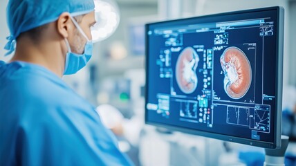 Medical professionals in surgical attire examine detailed kidney scans, focusing on diagnosing a tumor. The high-resolution images on the monitors depict the internal anatomy of the kidneys