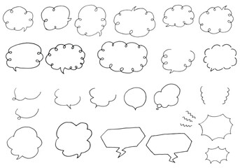A set of black and white pen drawing illustrations of simple cloud-shaped speech bubbles.