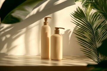 Beige Bottles on a Wooden Table with Green Palm Leaves and Sunlight Shadows
