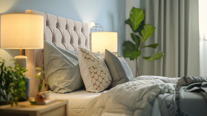 Bedroom interior, nightstand with lamp and home plant near bed