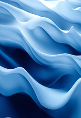 Fototapeta premium Dynamic Colorful Abstract Wave Pattern Amidst Oceanic Blue Backdrop Flowing waves of translucent blue fabric illuminated by soft light in a serene abstract setting