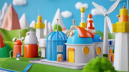 Colorful miniature industrial scene with varied buildings.