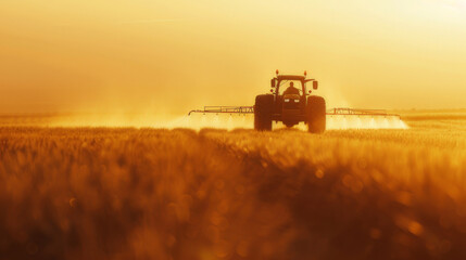 Fototapeta premium Tractor spraying pesticides in morning on soybean field