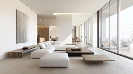 Modern living room featuring minimalist design and large windows with city views.