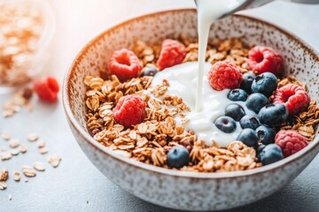 Granola with Milk, Raspberries, and Blueberries